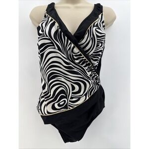 Longitude Black White Animal Print Faux Wrap Slimming One Piece Swim Suit Sz‎ 12